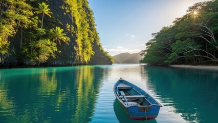 Serene boat floating on calm turquoise water near lush green mountains
