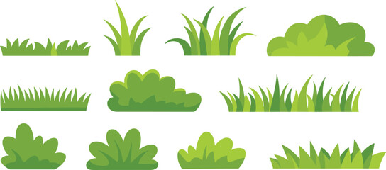 Cartoon grass and bush icon set with diverse shapes and green tones for garden, landscape, and nature-themed designs.