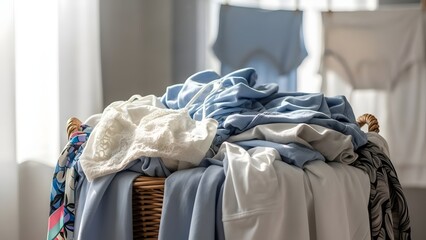 Laundry basket overflowing with clean folded clothes illuminated by sunlight