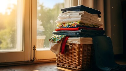 Laundry basket with folded clothes near a window in natural light