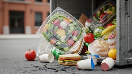 Overflowing container of fresh food waste with various discarded items