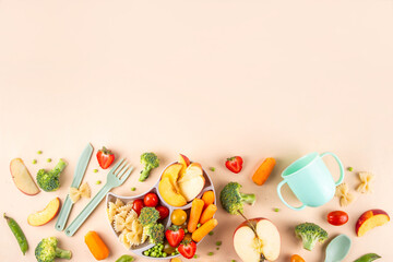 Baby finger food, various baby snacks, pasta, vegetables, fruits