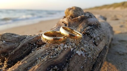 Close-up of two elegant gold wedding rings placed on a sandy log by the sea, capturing the essence of marital bliss and a romantic seaside getaway
