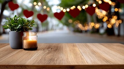 Wooden table adorned with a candle and potted plant, set against a festive backdrop of heart garland and soft bokeh lights, perfect for Valentine's Day celebrations and romantic gatherings