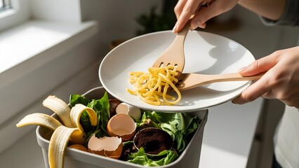 Person discarding food scraps into a compost bin indoors for environmental reasons