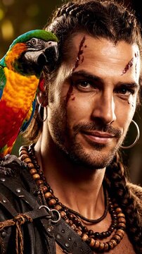 Confident pirate poses with colorful parrot. Character captures adventurous spirit in tropical setting. Vivid atmosphere enhances storytelling and visual appeal in vertical frame.