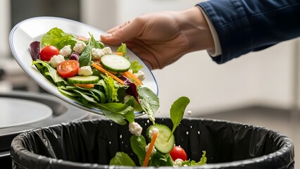 Person discards salad into waste bin concept healthy eating unsustainable