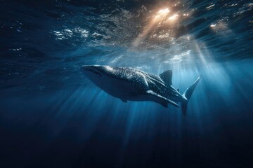 Naklejka premium Giant marine creature gracefully glides underwater with sun rays piercing the surface