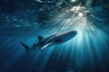 Fototapeta premium A majestic whale shark swims gracefully underwater with sunbeams piercing through