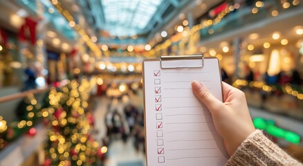 Holiday Shopping Checklist in Festive Mall with Bokeh Lights