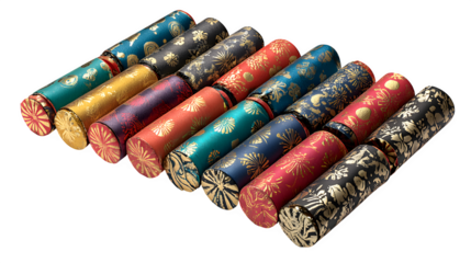 Colorful spools of cotton thread in vibrant red and yellow silk material create a textured pattern for sewing, embroidery, and fashion craft design isolated on a clean textile background