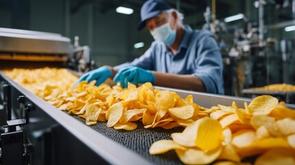 In a lively food processing factory, a dedicated worker wearing a mask and gloves carefully examines rows of freshly made potato chips. The scene captures the essence of quality control and teamwork