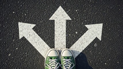 Fototapeta premium Person standing at crossroads with green sneakers and white arrows