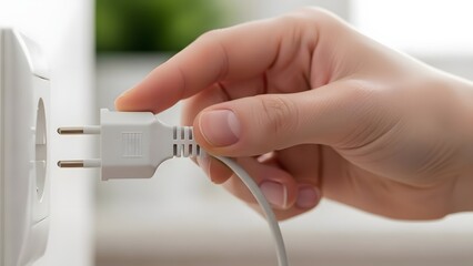Person inserting electrical plug into wall socket for power connection