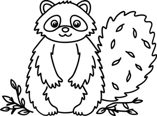 Fototapeta premium Cute raccoon sitting with large fluffy tail and small branches with leaves around it