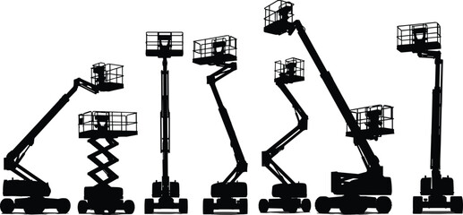 Set of aerial work platform and lift machine silhouettes showing different boom and scissor lift types isolated on white background