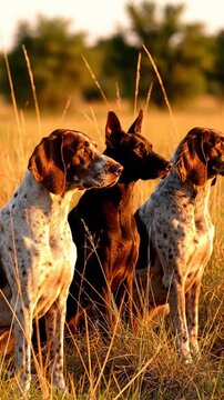 Three dogs sitting in golden grassland during golden hour. Their attentive expressions capture serene moment in nature. Vertical shot highlights beauty of companionship.