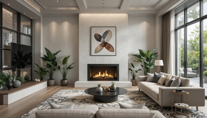The living room's modern interior features a fireplace, a comfortable sofa, lovely d&eacute;cor, and exotic plants. Modern design