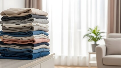 Stack of folded clothing on a white surface near a window