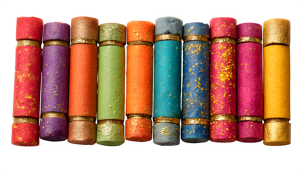 Colorful crayons and vibrant cotton thread spools isolated on a white background for art education and textile craft