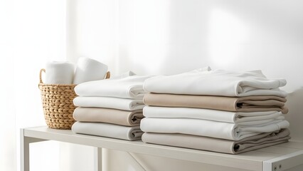 Stack of folded white and beige linen textiles on a neutral surface