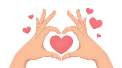 Gesture of love: two hands create a heart shape with adorable pink heart accents isolated on transparent background