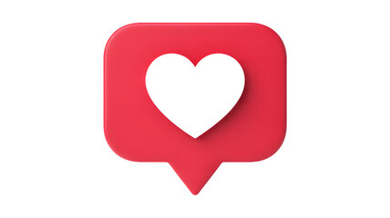 A vibrant 3d rendered social media 'like' icon in a speech bubble with a black heart isolated on transparent background