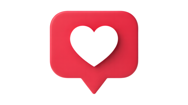 A vibrant 3d rendered social media 'like' icon in a speech bubble with a black heart isolated on transparent background - Powered by Adobe