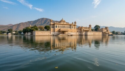 In Udaipur, India, a breathtaking view of the city palace complex reflected in the serene Lake Pichola