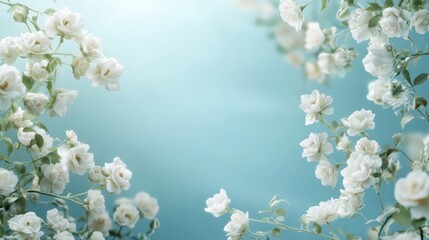 Delicate White Roses Framing a Soft Blue Background with Copy Space