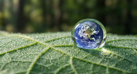 Water droplet on leaf with earth reflection
