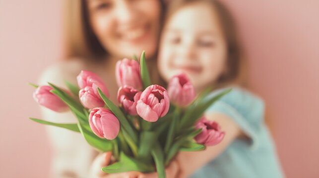 Close-up of daughter giving a bouquet of pink tulips to smiling mom, Soft Focus Background. Mother's Day concept. 8th March, womens day and emotional floral themes.