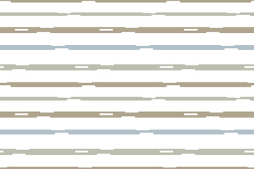 Minimalist seamless vector pattern of horizontal broken lines in taupe and muted blue, contemporary abstract geometric texture for modern branding and textiles.