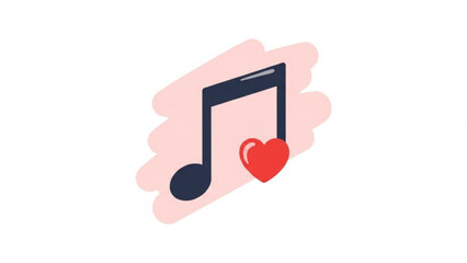A stylized eighth note with a red heart on a pink background symbolizing love for music in a modern digital illustration with music note and music symbol