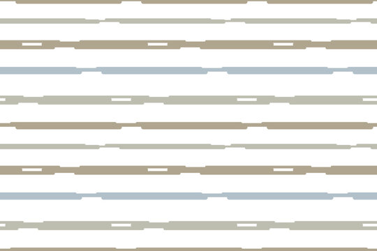 Minimalist seamless vector pattern of horizontal broken lines in taupe and muted blue, contemporary abstract geometric texture for modern branding and textiles.