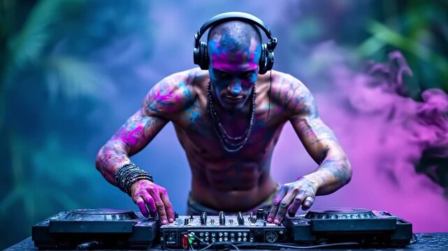 A man with colorful paint on his body playing a dj set