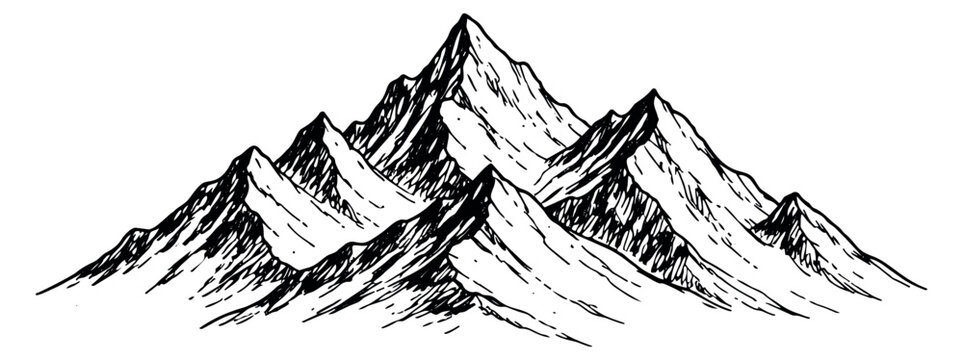 Hand drawn line art illustration of a mountain range depicting rugged peaks for outdoor themed designs