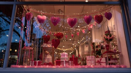 Romantic storefront decorated with pink heart garlands, string lights and gift boxes in a cozy evening setting perfect for Valentine’s promotions and festive ads
