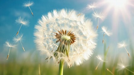 A close-up of a dandelion seed head with fluffy white seeds drifting in the air. The background features a bright blue sky and sunlight.