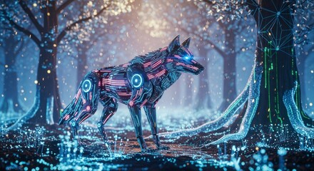Cybernetic Wolf in Snowy Forest Landscape.