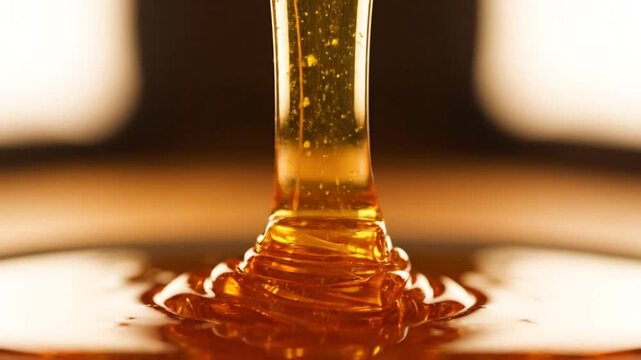 Close-up of golden honey pouring from above, showing its thick and viscous texture, creating a pool.