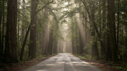 A serene forest road with tall trees and sunbeams filtering through the misty atmosphere