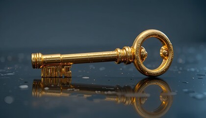 essential idea for success. Isolated in dark with reflection, the shining golden key to success is rendered in three dimensions.