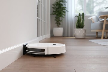 Robot vacuum cleaner returns to its docking station for charging, symbolizing smart home cleaning