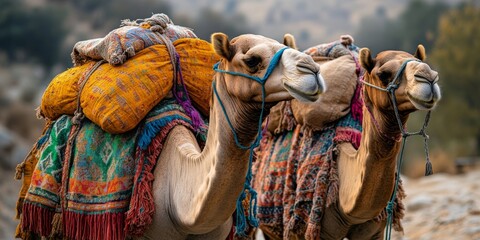 Two dromedary camels carrying colorful goods in desert landscape