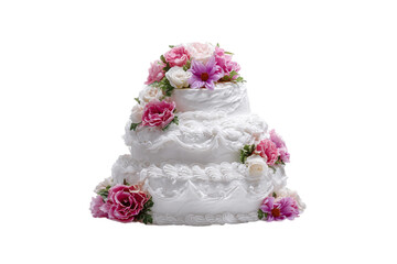 Bridal cake with white icing and floral decoration isolated on transparent background