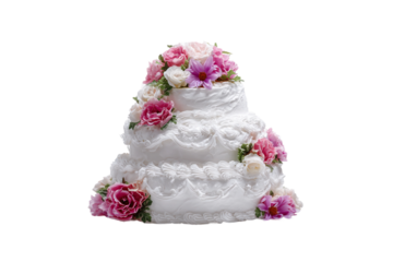 Bridal cake with white icing and floral decoration isolated on transparent background