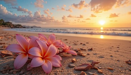 Plumeria and frangipani flowers on the ground at a seaside beach against a sunset backdrop