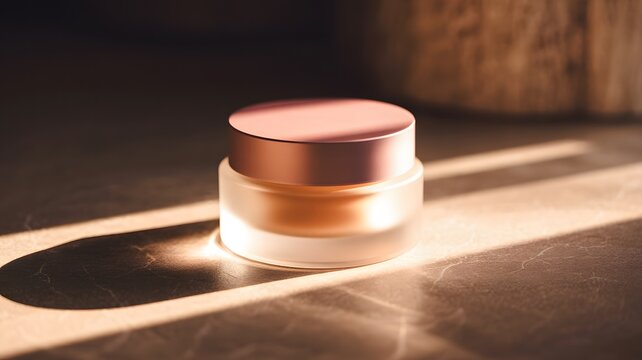 A frosted glass jar with a rose gold lid sits on a textured surface, bathed in warm, directional sunlight.