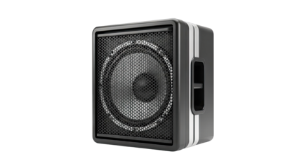 Modern black speaker with silver accents and mesh grille